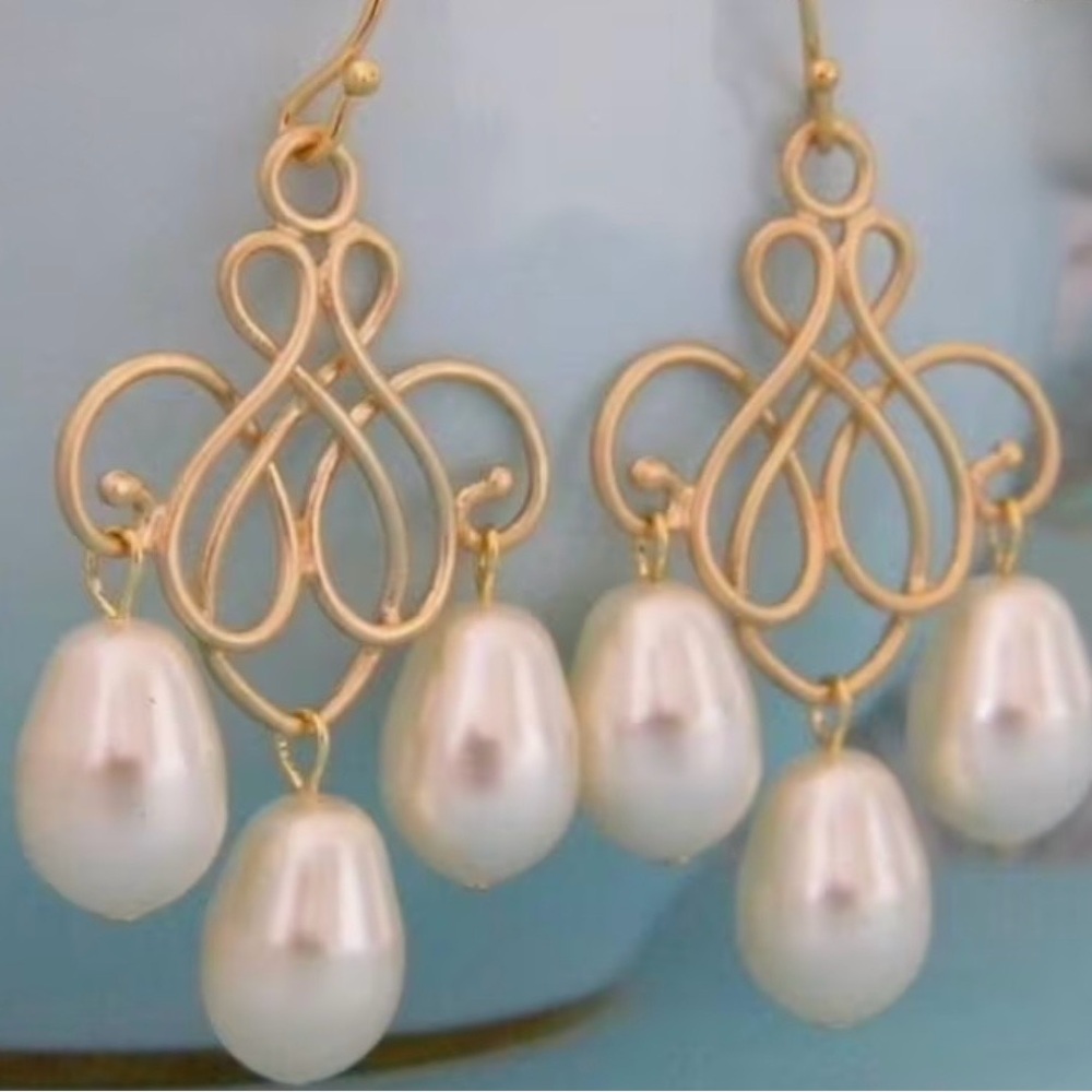 Gold Filigree Pearl Drop Earrings - White Pearlescent Dangles